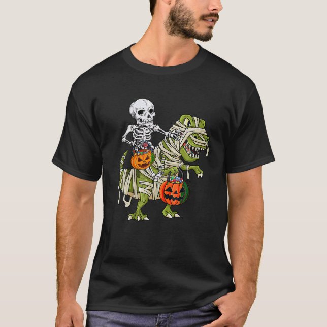 Skeleton Riding Mummy Dinosaur T rex Halloween Fun T-Shirt (Front)