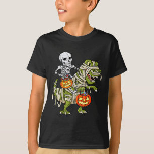 Skeleton Riding Mummy Dinosaur T rex Halloween Fun T-Shirt