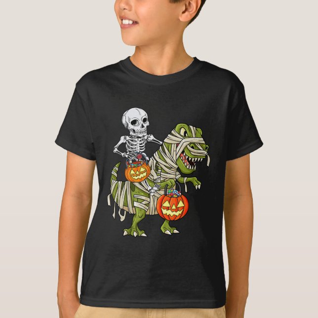 Skeleton Riding Mummy Dinosaur T rex Halloween Fun T-Shirt (Front)