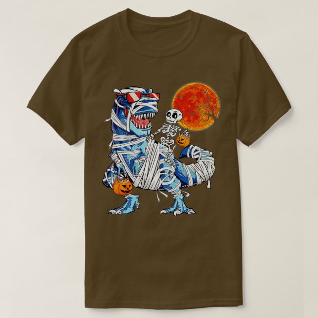 Skeleton Riding Mummy Dinosaur T rex Halloween Fun T-Shirt (Design Front)