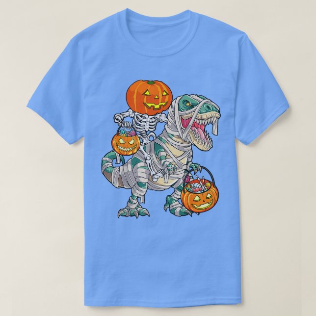 Skeleton Riding Mummy Dinosaur T rex Halloween Fun T-Shirt (Design Front)