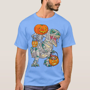 Skeleton Riding Mummy Dinosaur T rex Halloween Fun T-Shirt