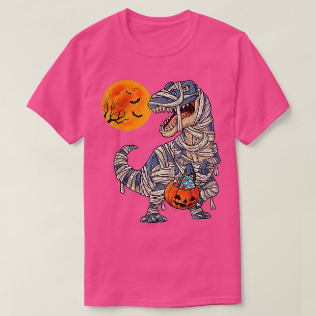 Skeleton Riding Mummy Dinosaur T rex Halloween Fun T-Shirt (Design Front)