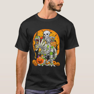 Skeleton Riding Mummy Dinosaur T Rex Halloween Fun T-Shirt
