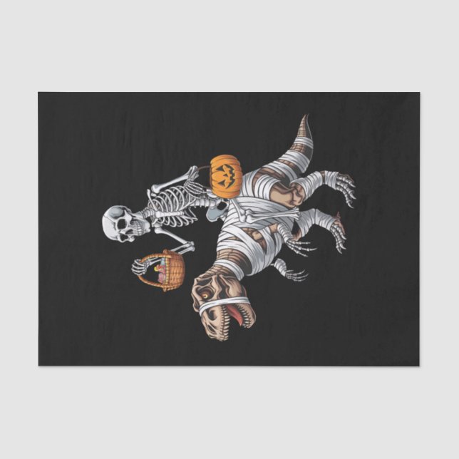 Skeleton Riding Mummy Dinosaur T rex Halloween Fun Tissue Paper (Front)