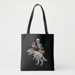 Skeleton Riding Mummy Dinosaur T rex Halloween Fun Tote Bag