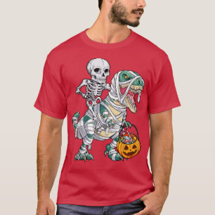 Skeleton Riding Mummy Dinosaur T rex Halloween Gif T-Shirt
