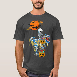 Skeleton Riding Mummy Dinosaur T Rex Halloween Pum T-Shirt