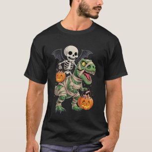 Skeleton Riding Mummy Dinosaur T rex Halloween Pum T-Shirt