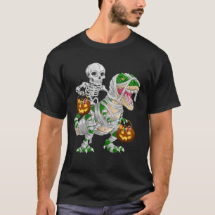 Skeleton Riding Mummy Dinosaur T rex Halloween T-Shirt