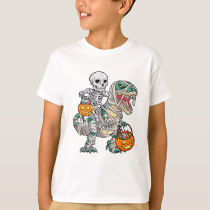 Skeleton Riding Mummy Dinosaur T rex Halloween T-Shirt