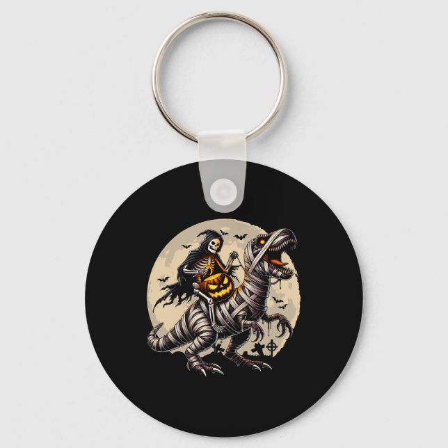 Skeleton Riding Mummy Dinosaur T Rex Pumpkin Funny Key Ring (Front)