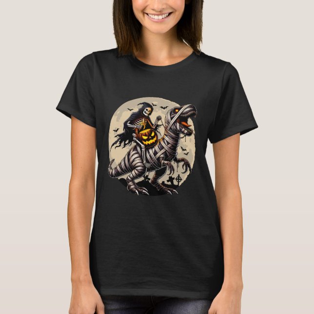 Skeleton Riding Mummy Dinosaur T Rex Pumpkin Funny T-Shirt (Front)