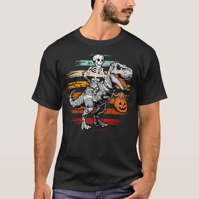 Skeleton Riding Mummy Dinosaur T rex Retro Hallowe T-Shirt (Front)