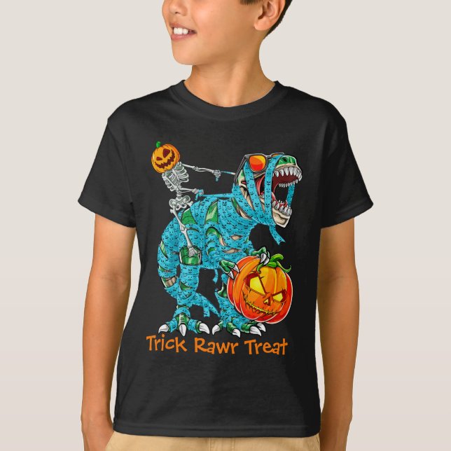 Skeleton Riding Mummy Dinosaur T Rex T-Shirt (Front)