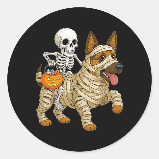 Skeleton Riding Mummy German Shepherd Dog Classic Round Sticker (Front)