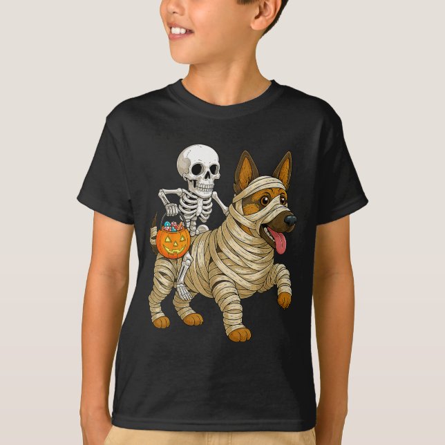 Skeleton Riding Mummy German Shepherd Dog T-Shirt (Front)