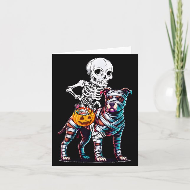 Skeleton Riding Mummy Pitbull Dog Halloween Funny Card (Front)