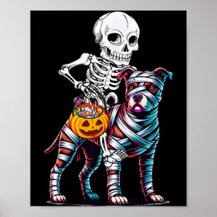 Skeleton Riding Mummy Pitbull Dog Halloween Funny Poster