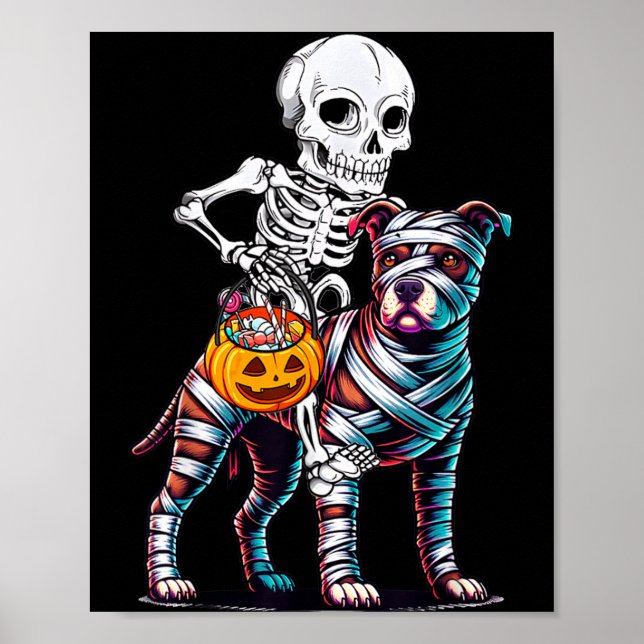 Skeleton Riding Mummy Pitbull Dog Halloween Funny Poster (Front)
