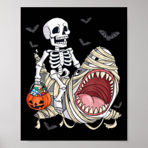 Skeleton Riding Mummy Shark Funny Halloween Pumpki Poster