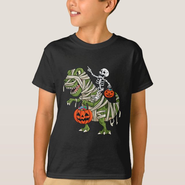 Skeleton Riding Mummy T Rex Halloween Boys Girls K T-Shirt (Front)
