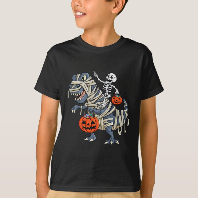 Skeleton Riding Mummy T Rex Halloween Boys Girls K T-Shirt (Front)