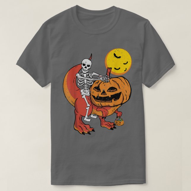 Skeleton Riding Pumpkin head Dinosaur T re Hallowe T-Shirt (Design Front)