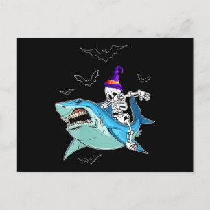 Skeleton Riding Shark Funny - Crazy Halloween Gift Announcement Postcard