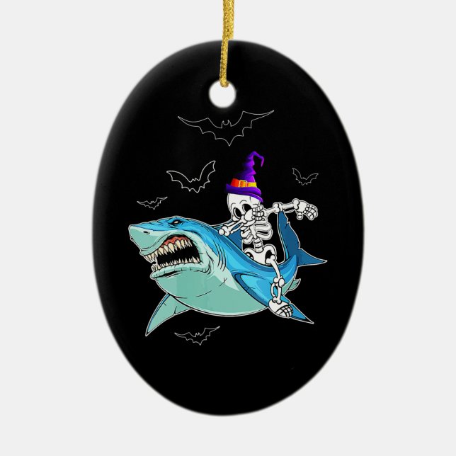 Skeleton Riding Shark Funny - Crazy Halloween Gift Ceramic Tree Decoration (Front)