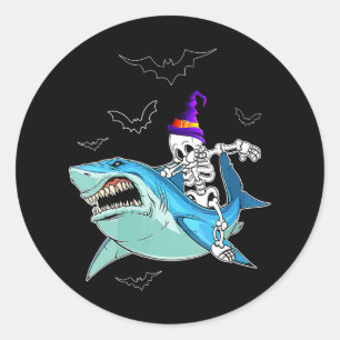 Skeleton Riding Shark Funny - Crazy Halloween Gift Classic Round Sticker