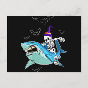Skeleton Riding Shark Funny - Crazy Halloween Gift Holiday Postcard