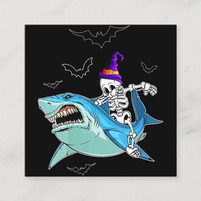 Skeleton Riding Shark Funny - Crazy Halloween Gift Square Business Card (Front)