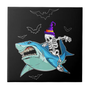 Skeleton Riding Shark Funny - Crazy Halloween Gift Tile