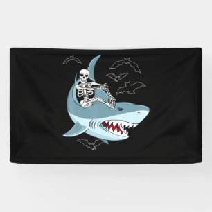 Skeleton Riding Shark Funny Halloween Gifts Banner