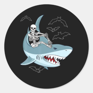 Skeleton Riding Shark Funny Halloween Gifts Classic Round Sticker