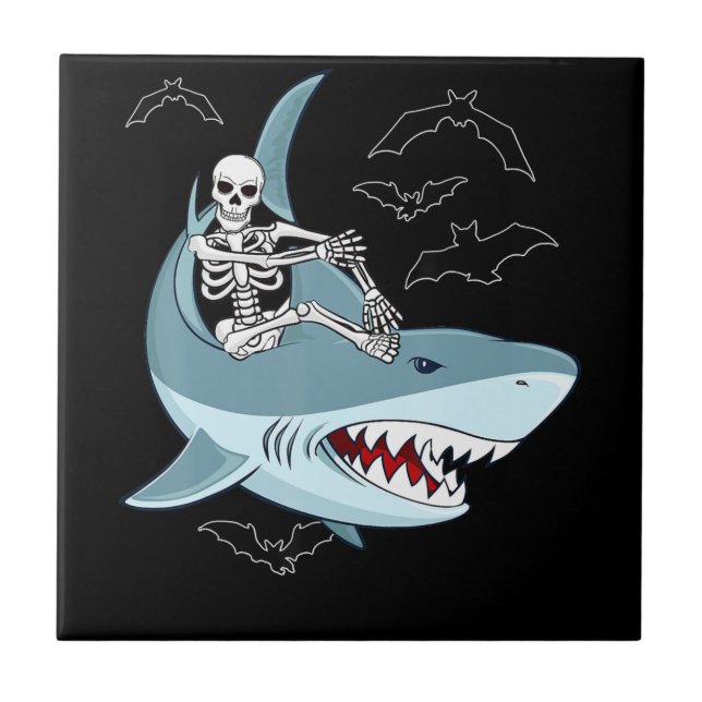 Skeleton Riding Shark Funny Halloween Gifts Tile (Front)