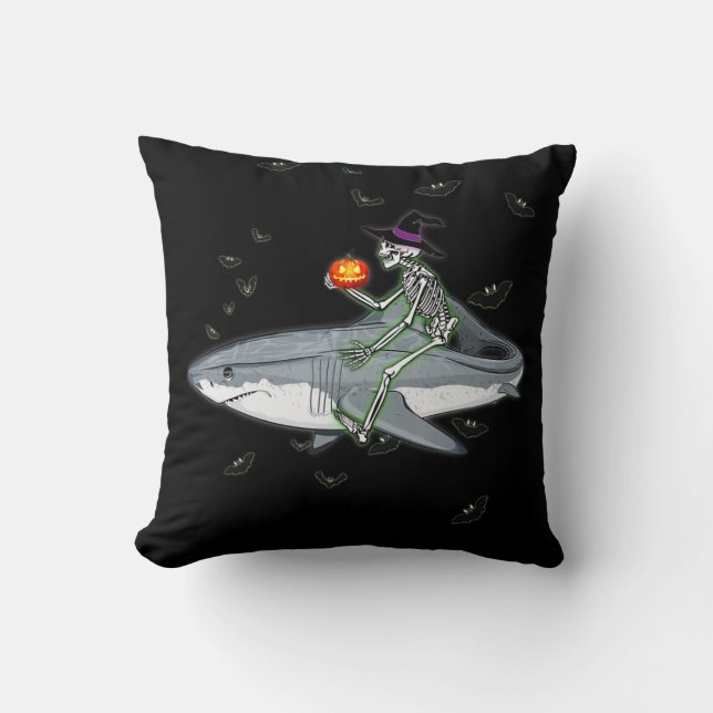 Skeleton Riding Shark - Funny Halloween Shark Gift Cushion (Front)