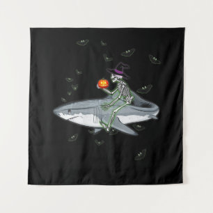 Skeleton Riding Shark - Funny Halloween Shark Gift Tapestry