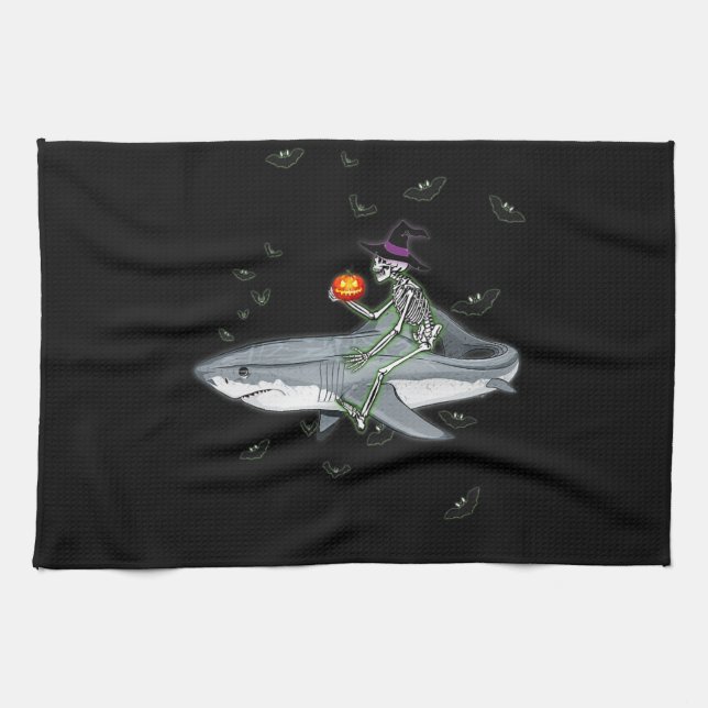 Skeleton Riding Shark - Funny Halloween Shark Gift Tea Towel (Horizontal)