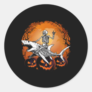 Skeleton Riding Shark Lazy Halloween Costume Funny Classic Round Sticker