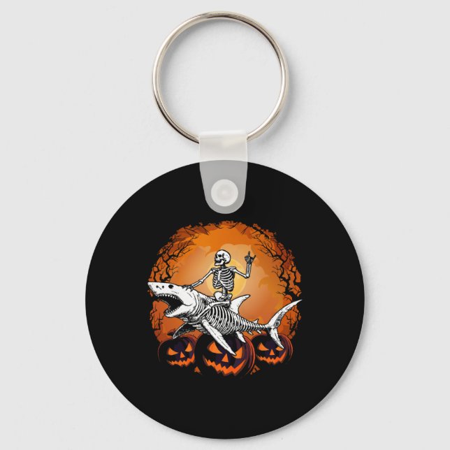 Skeleton Riding Shark Lazy Halloween Costume Funny Key Ring (Front)