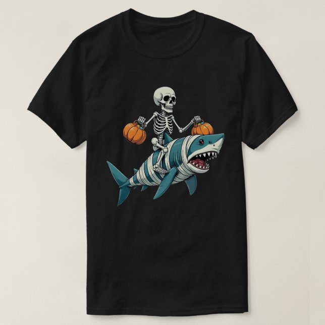 Skeleton Riding Shark Mummy Funny Halloween T-Shirt (Design Front)