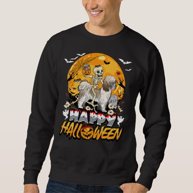 Skeleton Riding Shih Tzu Halloween Pumpkin Sweatshirt (Front)