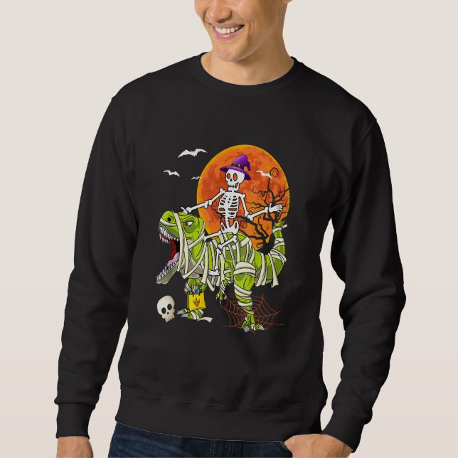 Skeleton Riding T Rex Halloween Boys Dinosaur Cost Sweatshirt (Front)