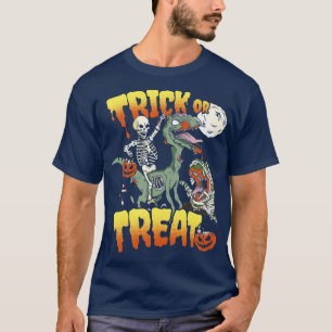 Skeleton Riding Zombie Dinosaur Trick or Treat Hal T-Shirt