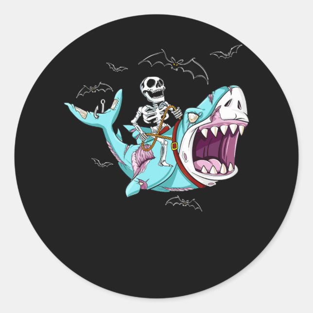 Skeleton Riding Zombie Shark Funny Halloween Gift Classic Round Sticker (Front)