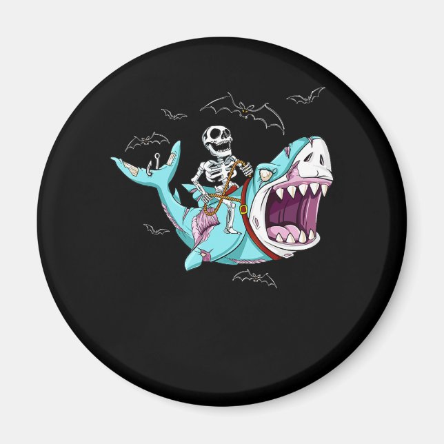 Skeleton Riding Zombie Shark Funny Halloween Gift Magnet (Front)
