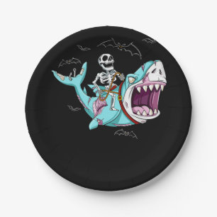 Skeleton Riding Zombie Shark Funny Halloween Gift Paper Plate
