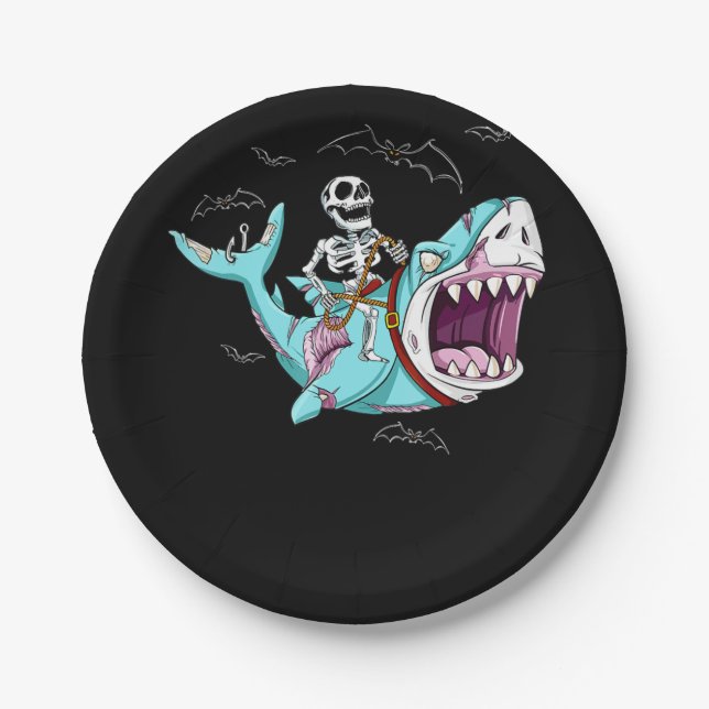 Skeleton Riding Zombie Shark Funny Halloween Gift Paper Plate (Front)
